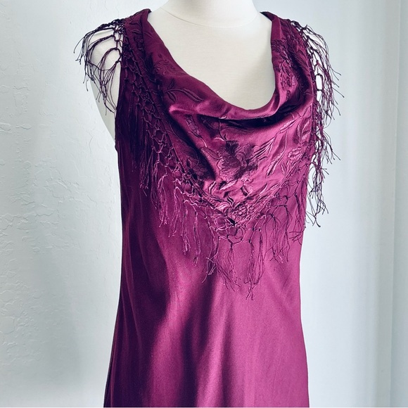 Silence + Noise Sleevless Fringe Scarf Front Mini Dress Twist Racerback, Wine, S - Picture 2 of 8